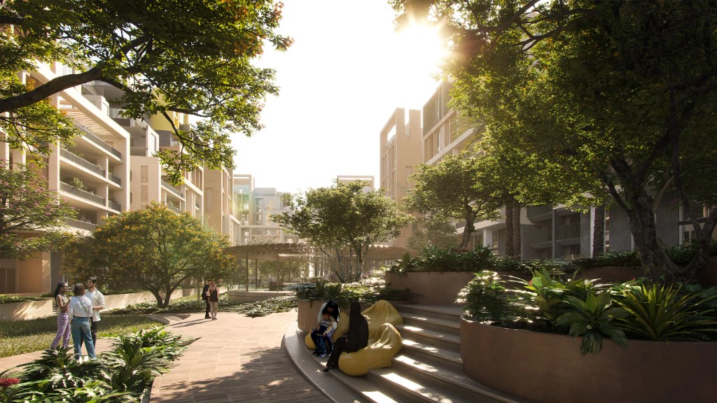 Community life — outdoor plazas, walkways, and social spaces at ZED West