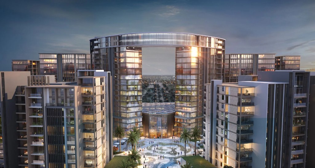 ZED West Sheikh Zayed — modern towers, landscaped plazas, and vibrant urban living at dusk